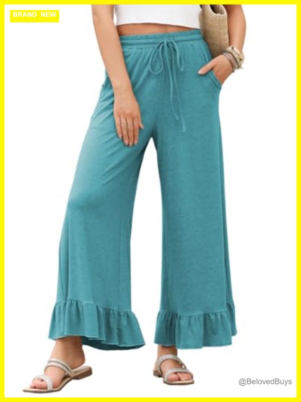 Wide Leg Palazzo Pants High Waist Ruffle Hem Pull On with Pockets